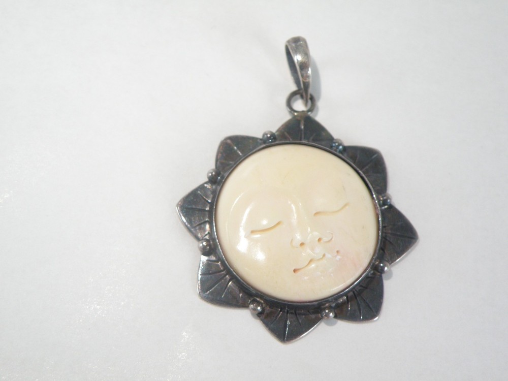 Vintage Sterling Silver 925 Large Carved Sun Moon Face Pendant