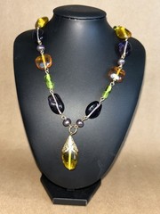Vintage Glass Multicolor Beaded necklace 20-22″ Purple, Green, Amber, Yellow