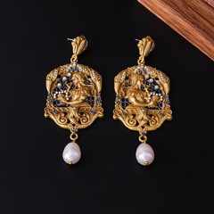 Vintage French Oil Painting Pearl Dangle Drop Earrings Court Gold Statement Gift