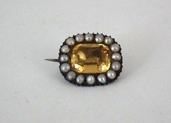 Antique Georgian English Brooch Yellow Topaz w/Split Pearl Halo Gold Setting