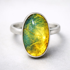 Finest Natural Clear Ocean Green Amber .925 Sterling Silver Ring #6 free resize