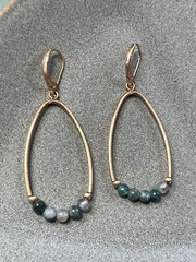 Estate Brushed Goldtone Tubular Ovals w Tiny Faux Green Stone Beads Dangle Ear
