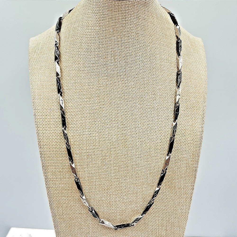 Vintage Retro Two-Tone Silver & Black Bar Link Chain Necklace, Unisex Y2K Style