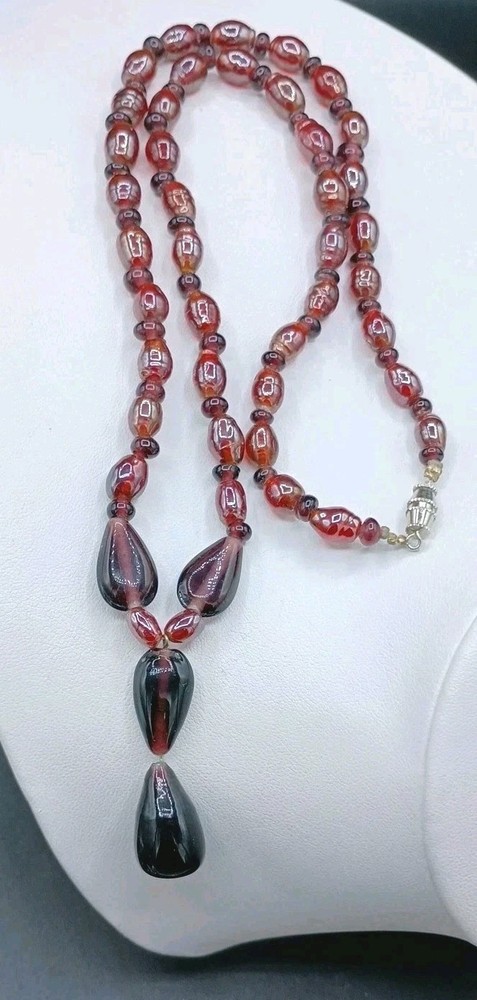 Antique Glass Necklace Beaded Purple Red Opalescent Y Dangle Barrel Clasp 18″