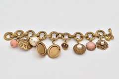 Carolee Vintage Charm Locket Bracelet Antiqued Gold Pink Floral Signed 80s BinBR