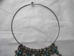 Tribal Choker BIB Style Turquoise glass stones Dangles Brass on Silver Necklace
