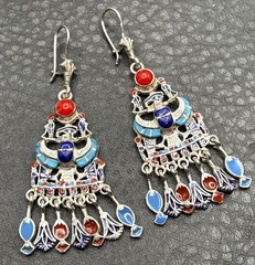 Sterling Silver Egyptian Revival Enamel Chandelier Earrings Scarab Hieroglyph