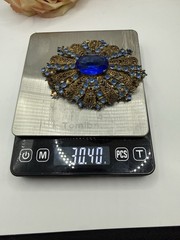 Vintage Antique Czech Gilt Filigree Cobalt Blue Glass Brooch Pin-Estate