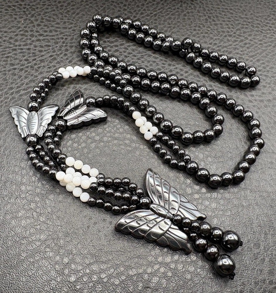 Vintage Butterfly Hematite and Mother of Pearl MOP Beaded Tassel Opera Long 32″