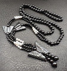 Vintage Butterfly Hematite and Mother of Pearl MOP Beaded Tassel Opera Long 32″