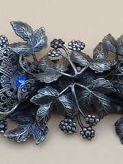 Vintage Brooch Pin Antique Metal Floral Filigree Blue Rhinestones (Czech 1940s?)