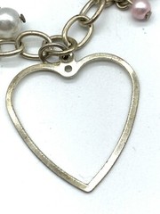 Vintage Charm Bracelet Love Luck Heart Horeshoe Faux Pearl Gold Tone Dangle B10