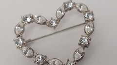Navette & Round Rhinestones Heart Shaped Brooch Pin Silver Tone