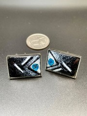 Vintage Mid Century Modernist Enamel Rectangle Silver Tone Cufflinks Art Glass