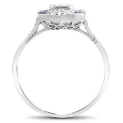 Art Deco Emerald Cut Lab Created Diamond & Sapphire Engagement 925 Silver Ring