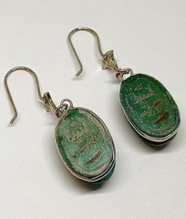 Vintage Egyptian Revival Scarab Earrings Dangle Drop Silver Tone