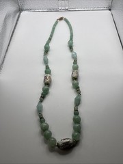 Vintage Chinese Hand-Painted Porcelain and Green Jade Beaded 34”Necklace