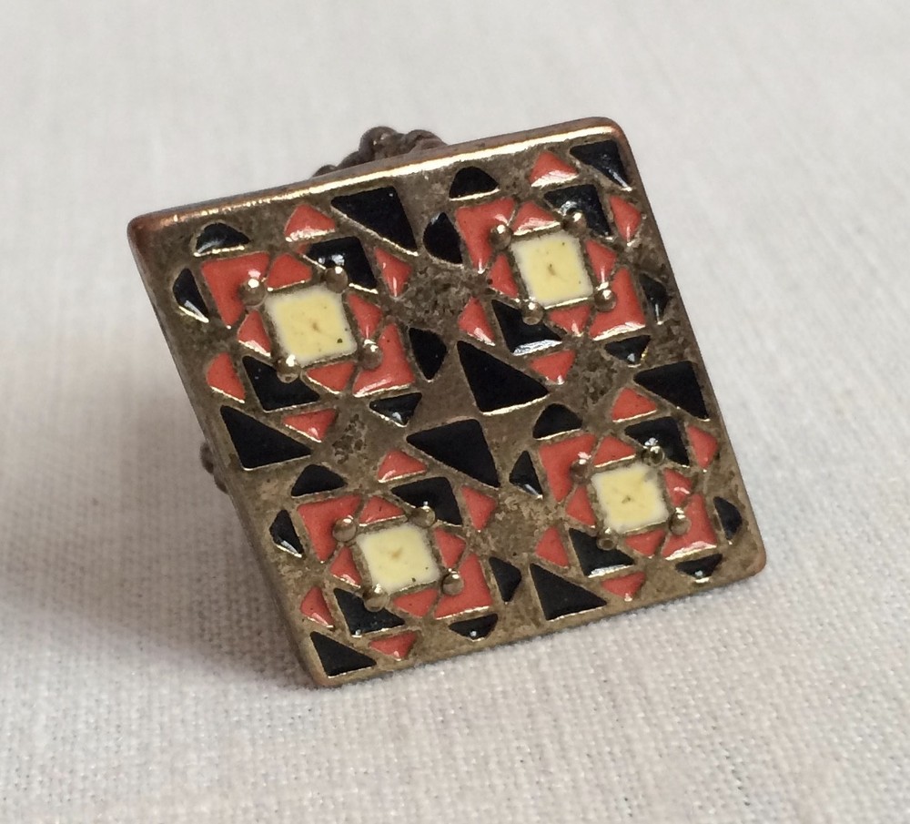 Enamel & Metal Diamond Shaped Ring One Size Band Orange Black White Vintage 70s