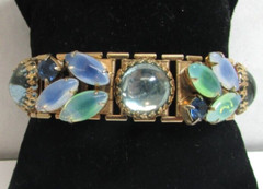 Vintage 1950’s-60’s Opaline Navette Cabochon Rhinestone Glass Gold Tone Bracelet