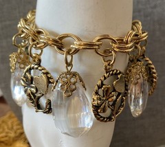 Vintage Gold Tone Good Luck Charm Bracelet Heart Four Leaf Clover Wishbone
