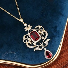 Victorian Emerald Cut Ruby & CZ Filigree Pendant Necklace Drop Floral Statement