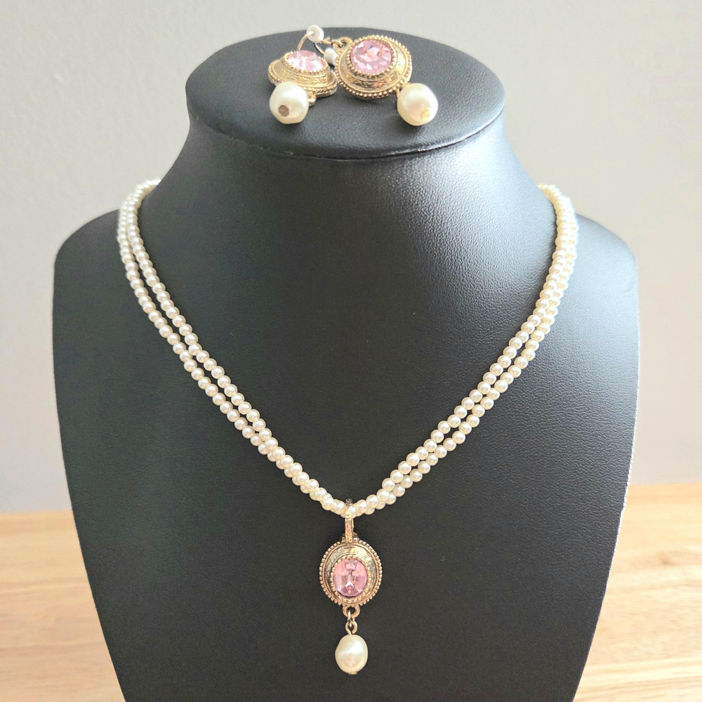 Vintage 1928 Pink Crystal Rhinestone Necklace Earrings