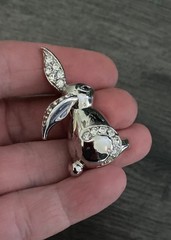 Vintage Silver Tone Bunny Rabbit Clear Rhinestone 1.75” Brooch Pin
