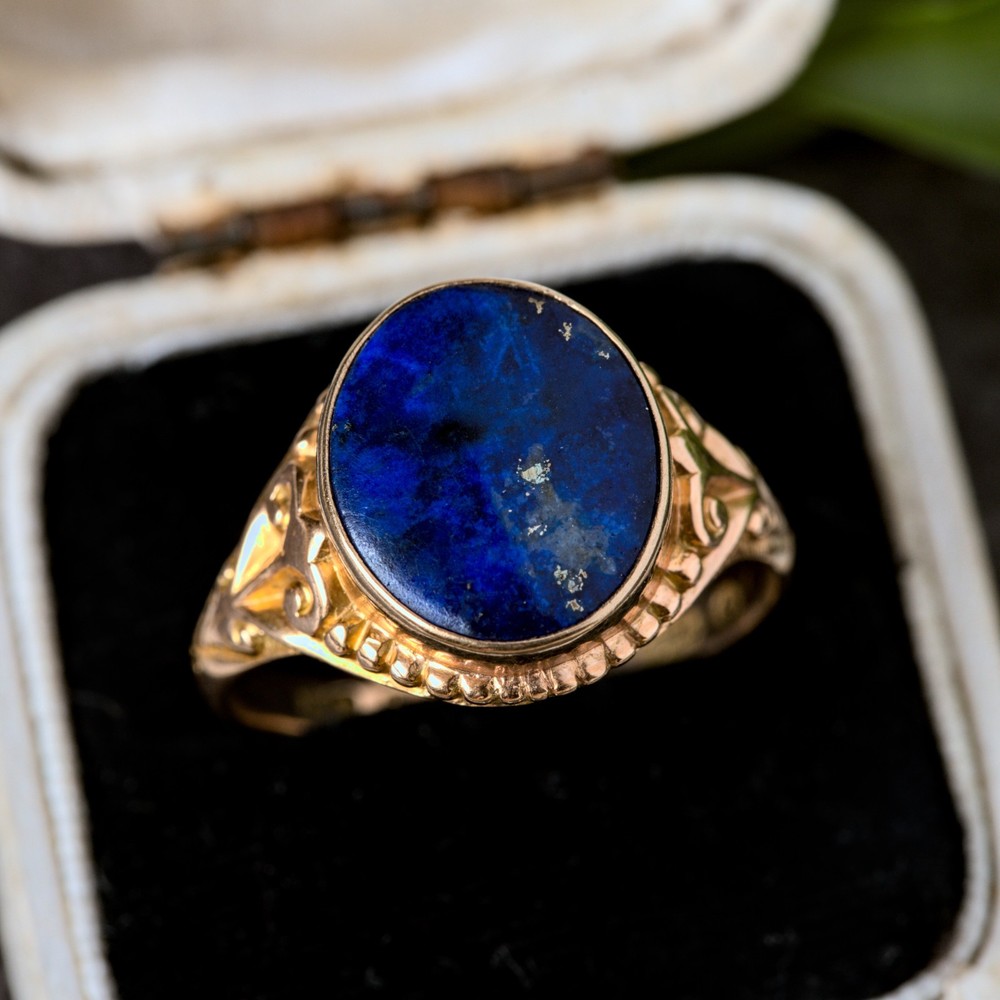 UNUSUAL ORNATE ANTIQUE ENGLISH 15K GOLD LAPIS LAZULI SIGNET RING PINKY RING 1880