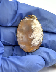 Vintage Natural Moss Agate Oval Pendant, Gold Plated, Scalloped Edge