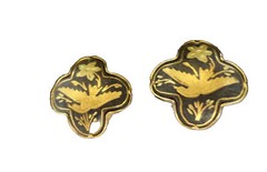 vintage gold tone Damascene bird, flower, clip on earrings very light weight
