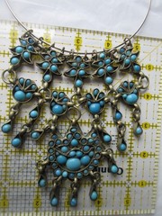 Tribal Choker BIB Style Turquoise glass stones Dangles Brass on Silver Necklace