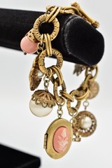 Carolee Vintage Charm Locket Bracelet Antiqued Gold Pink Floral Signed 80s BinBR