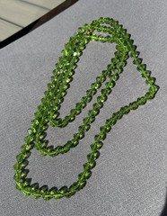 Vintage Long Peridot‑Tone Faceted Glass Bead Necklace • Mid‑Century Green
