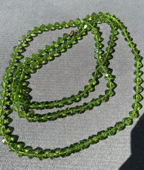 Vintage Long Peridot‑Tone Faceted Glass Bead Necklace • Mid‑Century Green