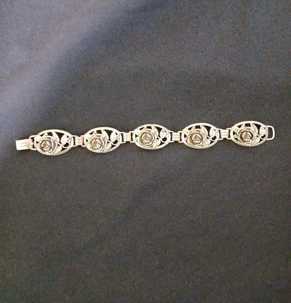 DANECRAFT Vintage Sterling Silver Floral Rose and Leaf Oval Link Bracelet RARE *