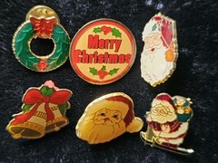 Lot Of 6 Christmas Gold Tone Enamel Holiday Lapel Pins Flat Signed Swib Taiwan