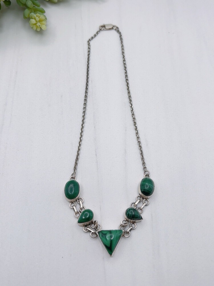 Sterling Silver 925 Malachite Green Stone necklace Triangle Stone