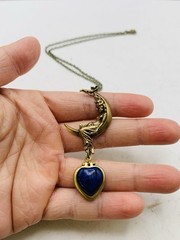 Vintage Style Goddess Crescent Moon Blue Lapis Lazuli Mini Heart Locket Necklace