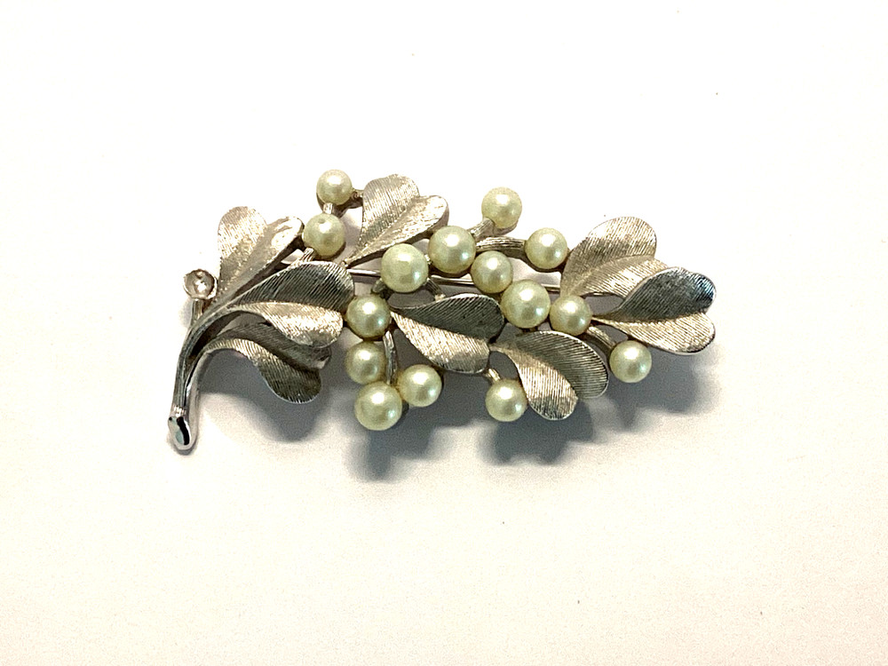 Crown Trifari Faux Pearl Silvertone Leaf Brooch-MCM Signed