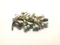 Crown Trifari Faux Pearl Silvertone Leaf Brooch-MCM Signed