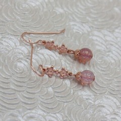 Vintage Style Rose Gold Floral Pink Czech Glass Earrings, Gift for Her, Daughter