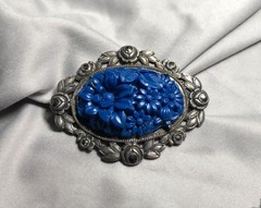 ANTIQUE Art Nouveau Floral Lapis Lazuli Opaline Glass Sterling Silver Pin Brooch
