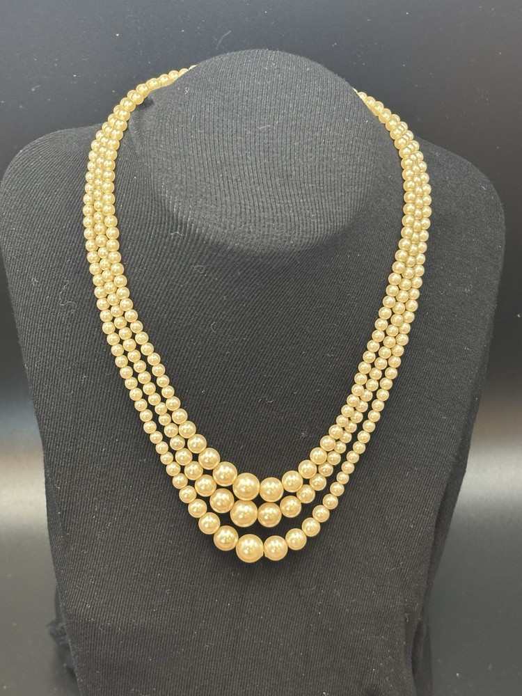 Vintage 3 Stranded Faux Pearl Necklace, Very Delicate, Light And Lovely!
