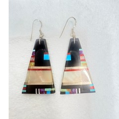 Artisan Inlay Earrings Turquoise Coral Spiny Oyster Onyx MOP on Shell Backplate