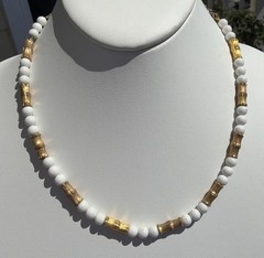 Vintage 18″ Hong Kong Goldtone Bamboo And Round White Bead Necklace Hook Clasp