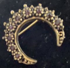Crescent Moon Brooch Gold Tone With Red Garnets Vintage Pin