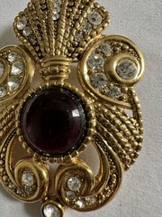 Vintage JEFF LIEB Purple Glass Cabochon Rhinestone Faux Pearl Pin Brooch B4