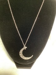 Silver Tone Crescent Filigree Moon Necklace 18”