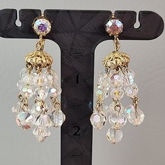 Vintage AB Glass Beaded Tassel Necklace Earrings Set Gold Tone Bar Links 26″