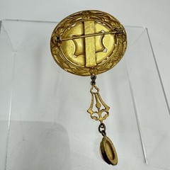 Victorian Revival Czech Foiled Opal Glass Brooch Oval Gold Tone With Dangle 2.5″
